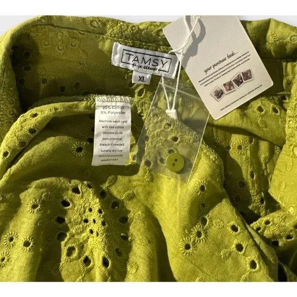 NEW TAMSY Womens XL Erin Eyelet‎ Embroidered Tunic Top Olive Collared Buttons - Picture 8 of 10